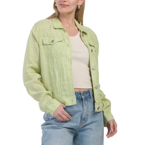 JONES & CO JONES NEW YORK Dark Citron Linen Trucker Jacket - Picture 1 of 2